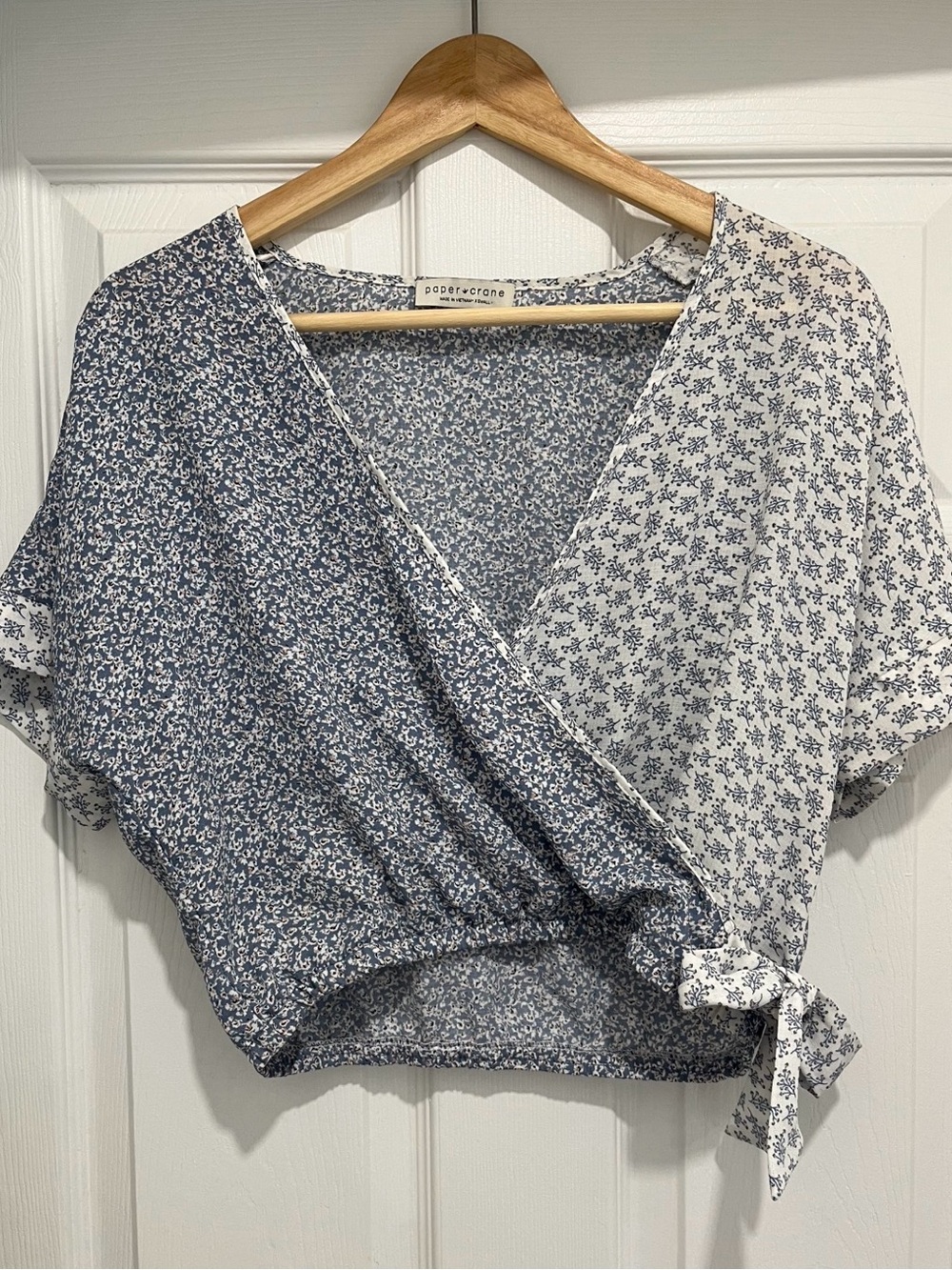 Paper Crane Blue Floral Wrap Crop Top